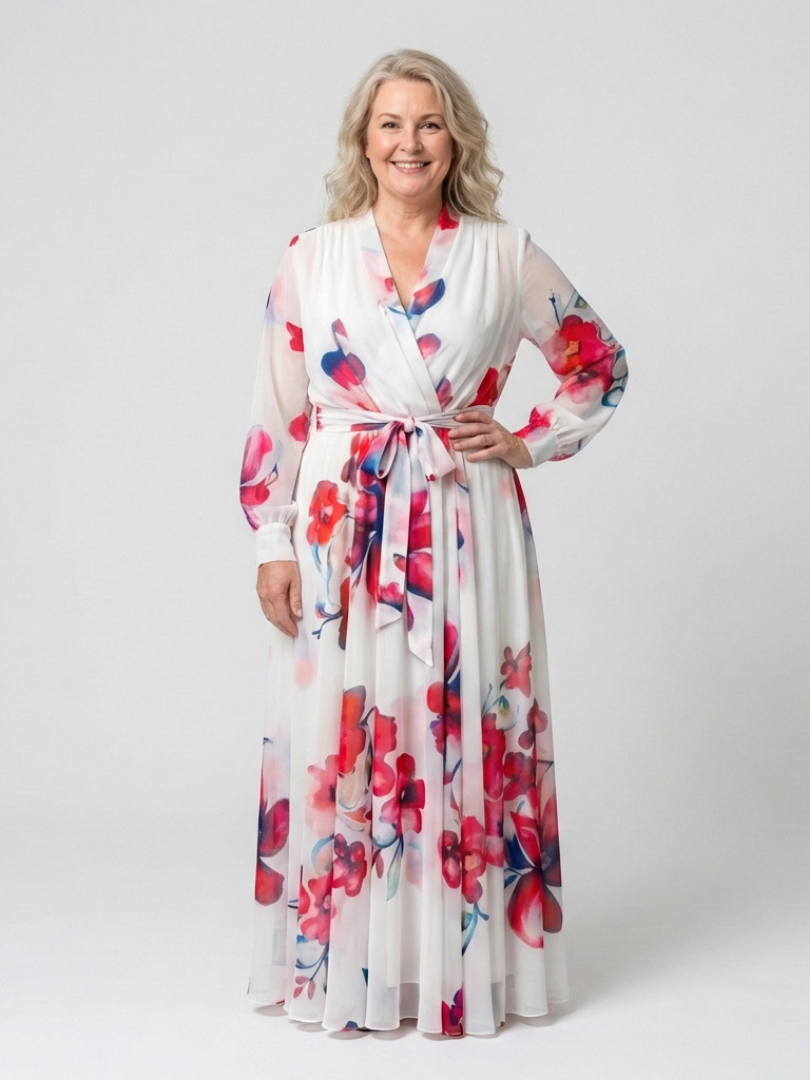 Floral Long Sleeve Wrap Belted Maxi Dress 4