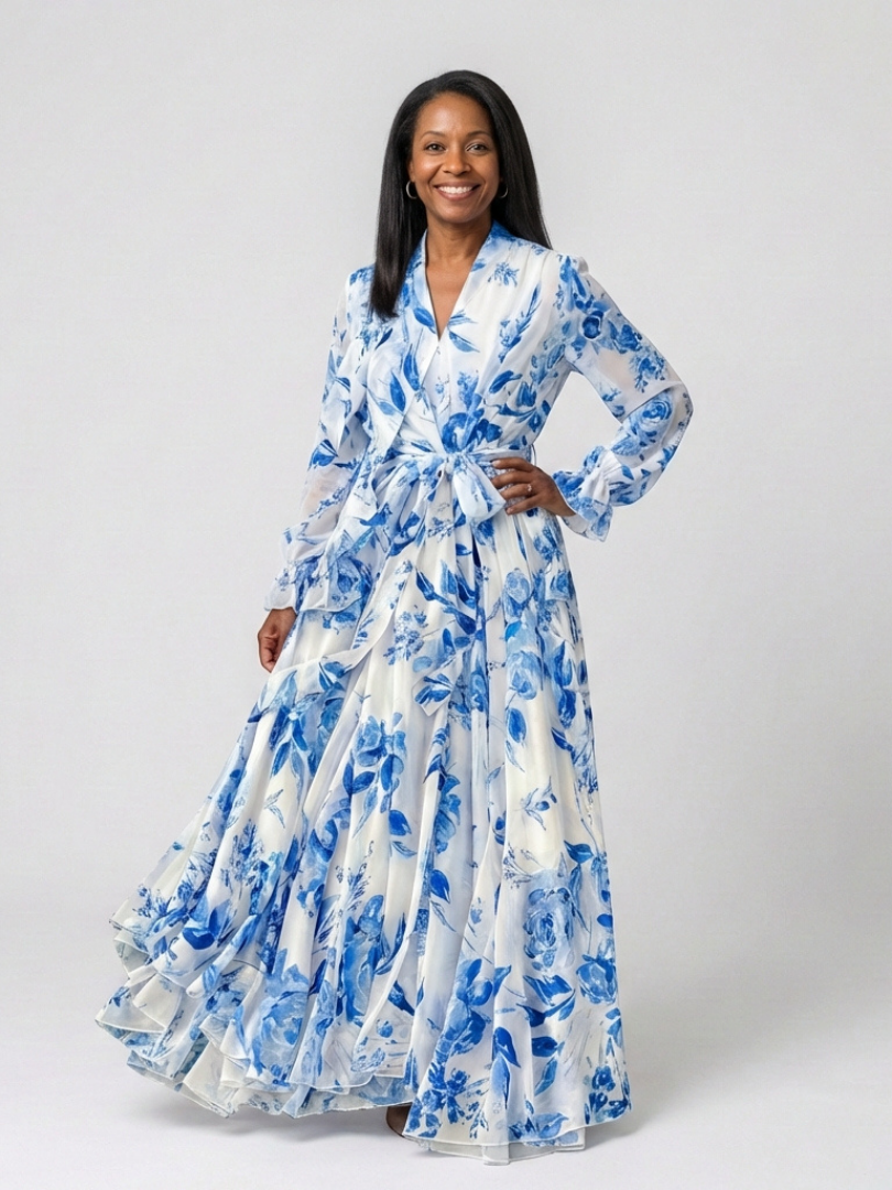 Floral Long Sleeve Wrap Belted Maxi Dress 2