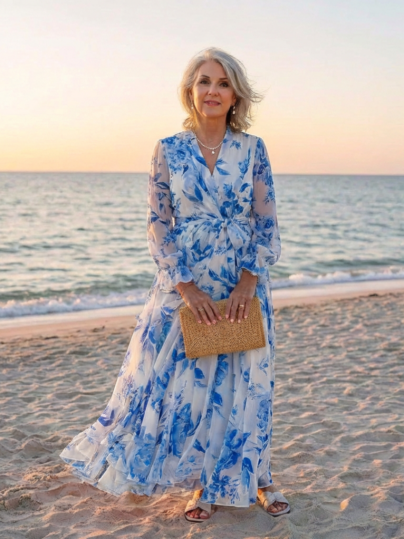 Floral Long Sleeve Wrap Belted Maxi Dress 8
