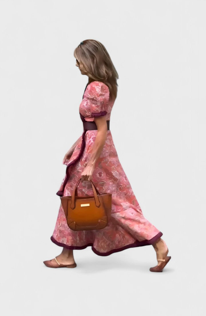 Floral Print V-Neck Puff Sleeve Belted Ruffle Maxi Dress 5