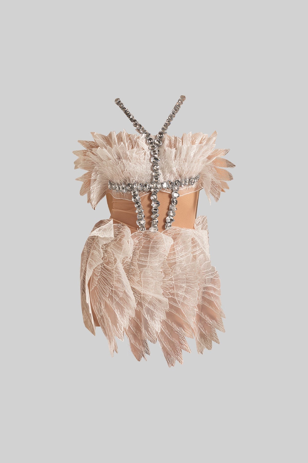 Rhinestone Harness Strap Mesh Feather Wing Panel Mini Dress - View 2