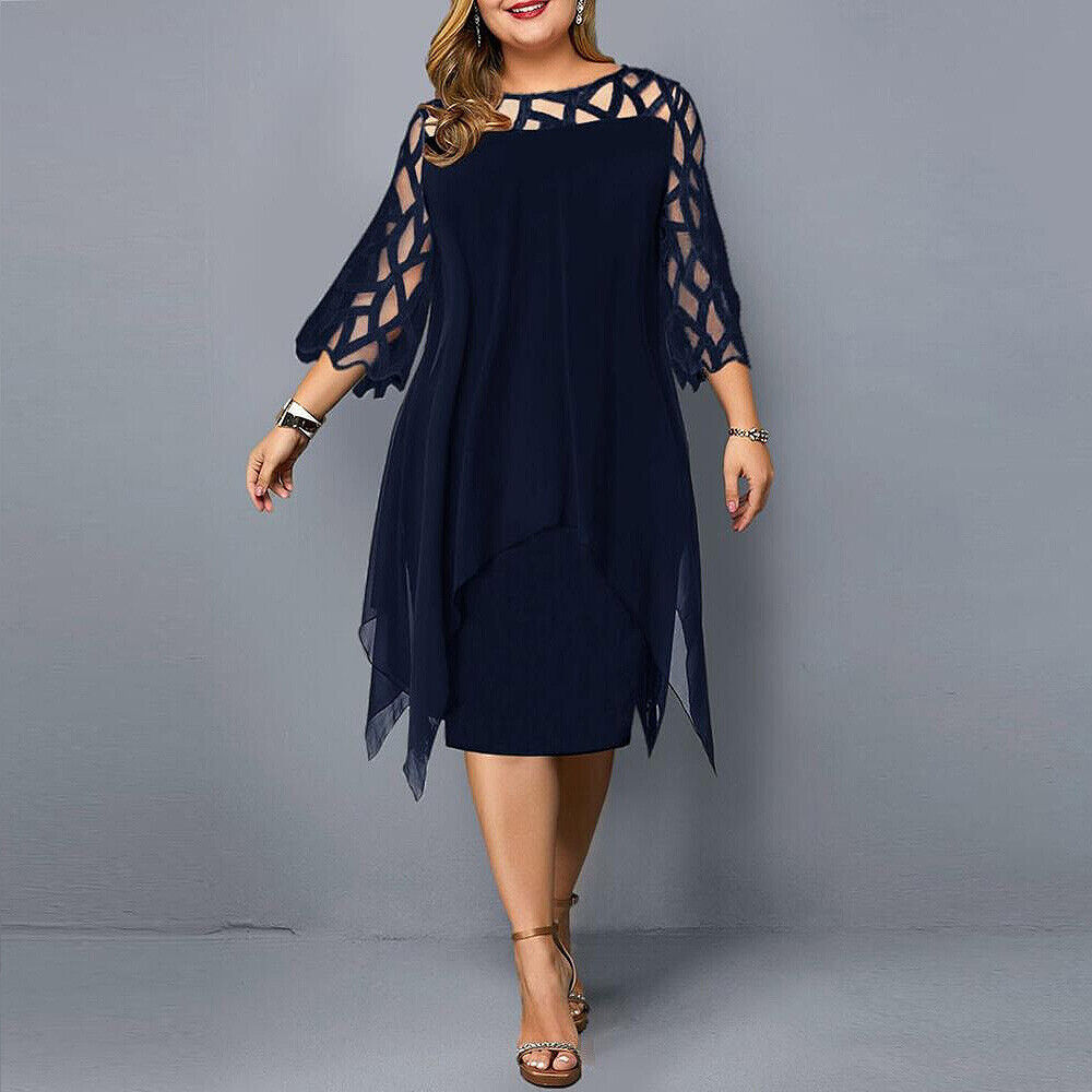 Round Neck Lace Sleeve Chiffon Overlay Midi Dress Cocktail 6