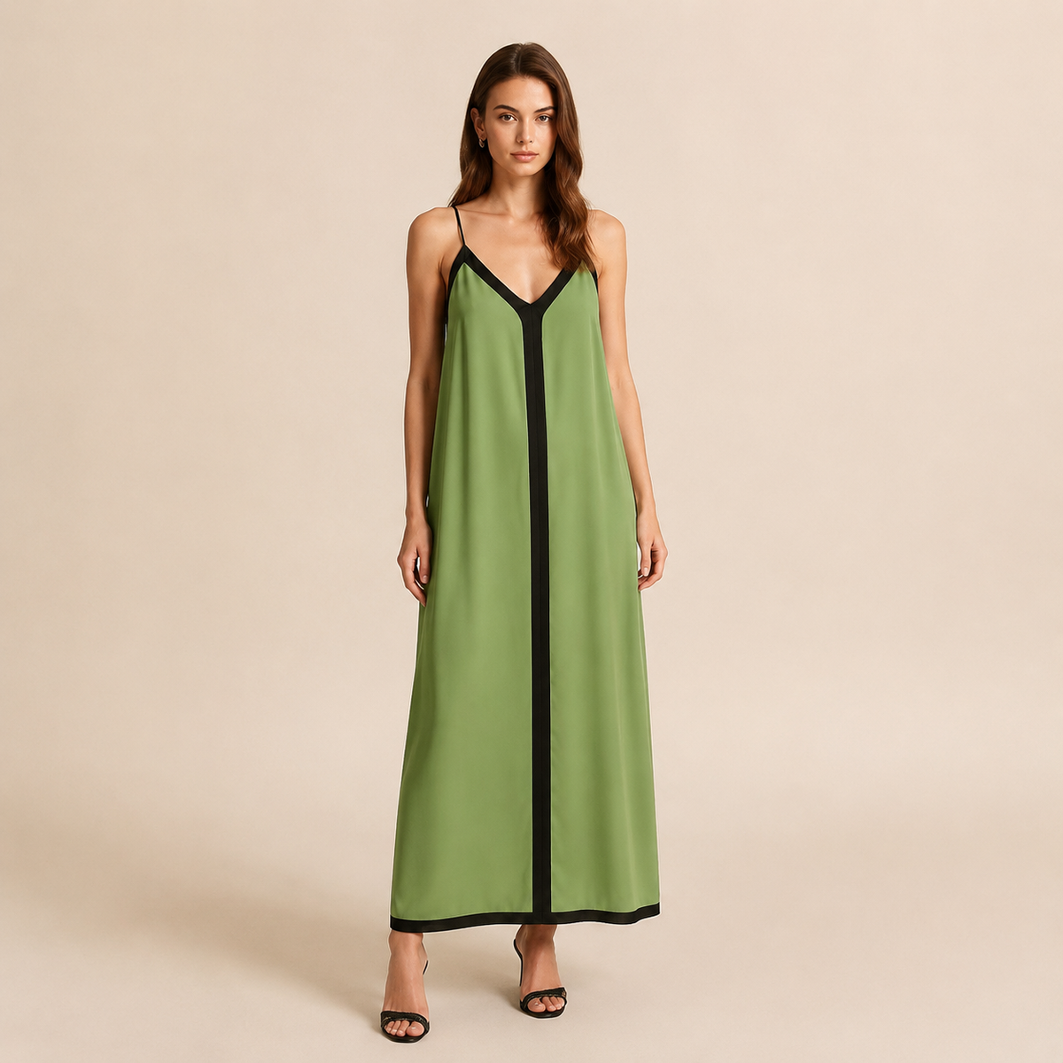 V-Neck Contrast Trim Slip Maxi Dress