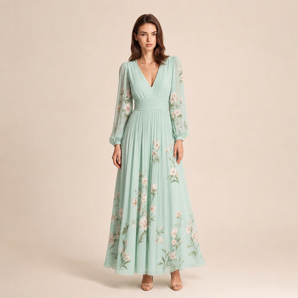 Floral V-Neck Long Sleeve Pleated Chiffon Maxi Dress