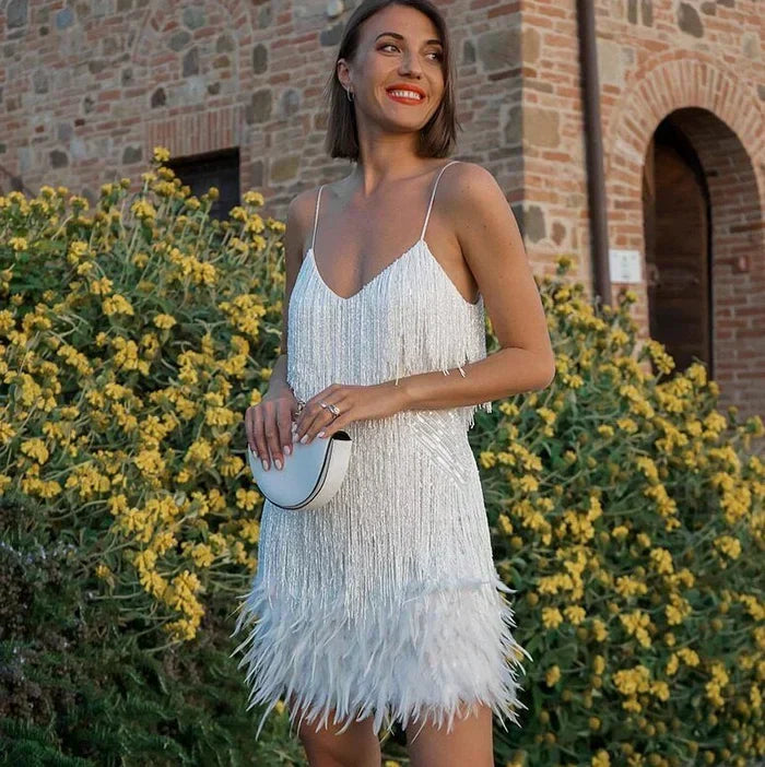 Sequin Fringe Spaghetti Strap Deep V-Neck Bodycon Mini Dress