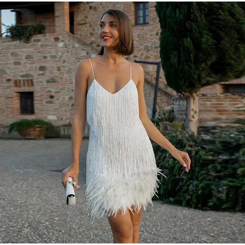 Fringe Tassel Feather Hem Spaghetti Strap V-Neck Mini Party Dress