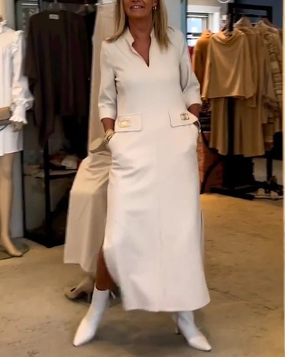 Deep V-Neck Mandarin Collar Three Quarter Sleeve Maxi Dress