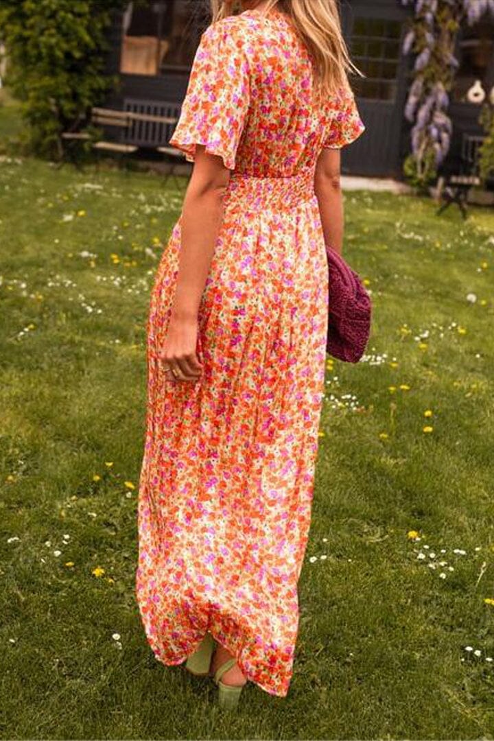 Ditsy Floral V-Neck Short Sleeve Pleated Maxi Dress 2