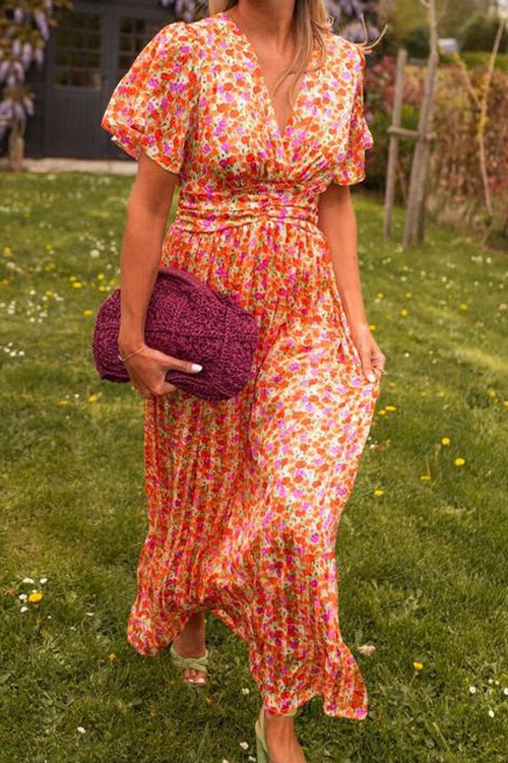 Ditsy Floral V-Neck Short Sleeve Pleated Maxi Dress 3