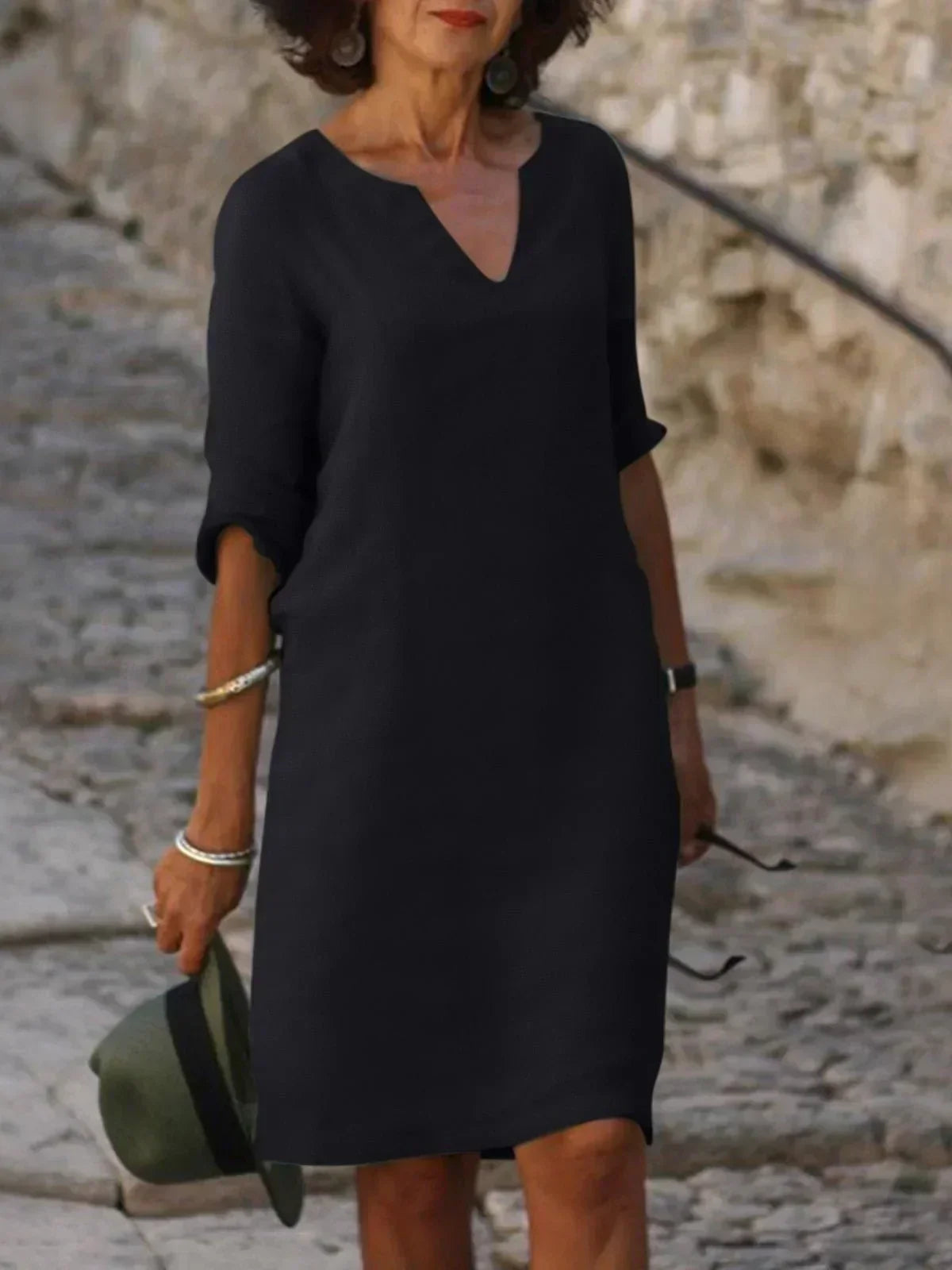 V-Neck Short Sleeve Pocket Shift Midi Dress 2