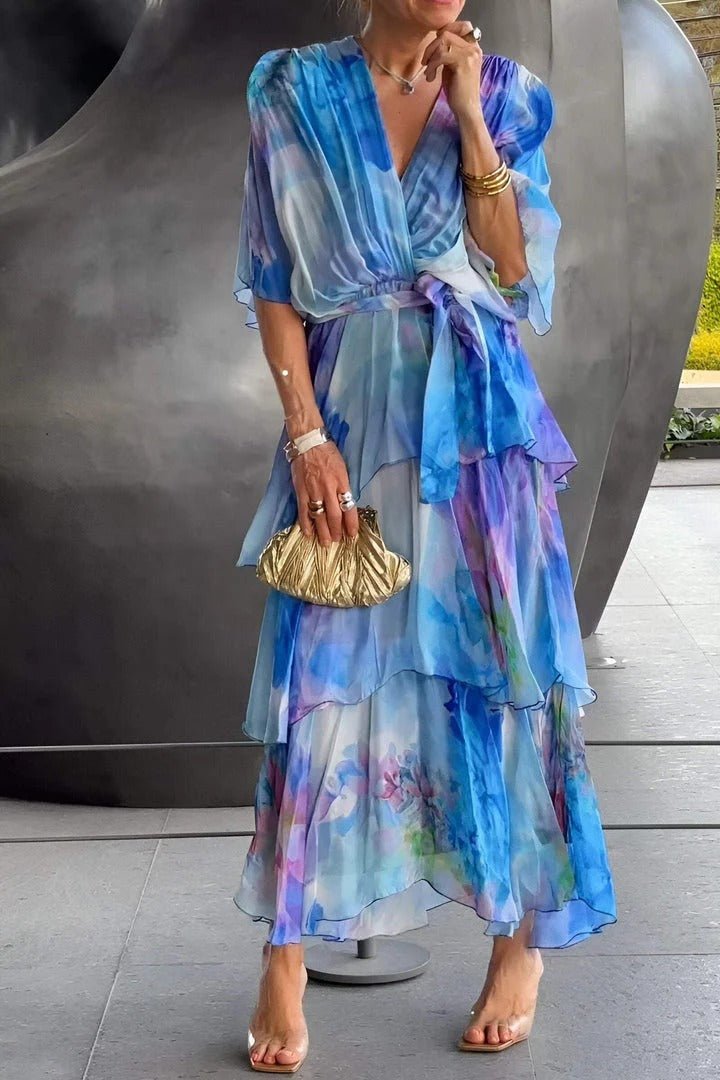 Chiffon Abstract Print Deep V-Neck Flutter Sleeve Maxi Dress