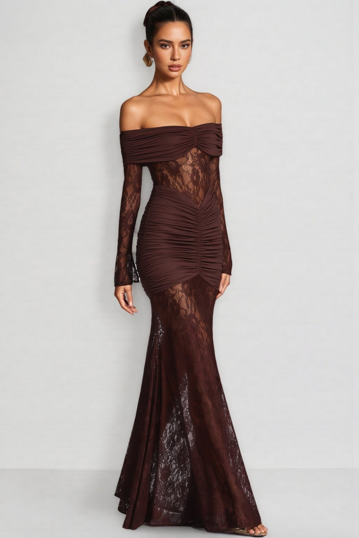 Velally Brown Lace Cut-Out Fishtail Maxi Dress - View 2