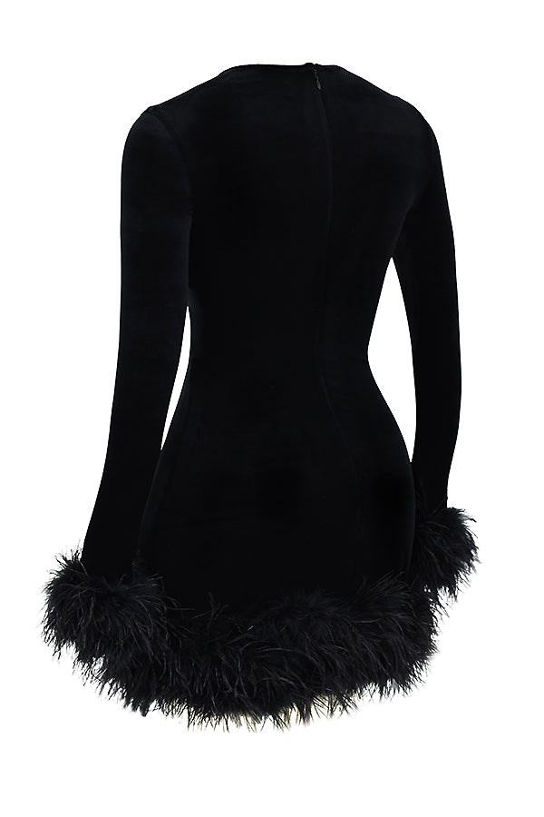 Velvet Crew Neck Long Sleeve Feather Trim Bodycon Mini Dress 7