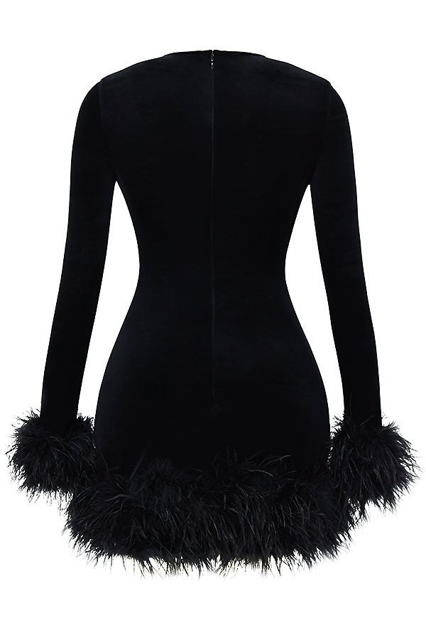 Velvet Crew Neck Long Sleeve Feather Trim Bodycon Mini Dress 6