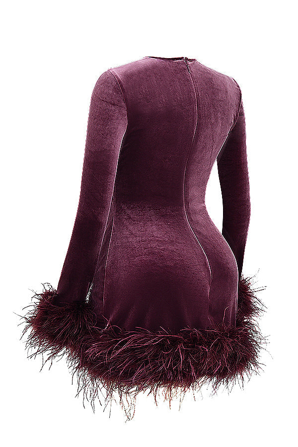 Velvet Crew Neck Long Sleeve Feather Trim Bodycon Mini Dress 13