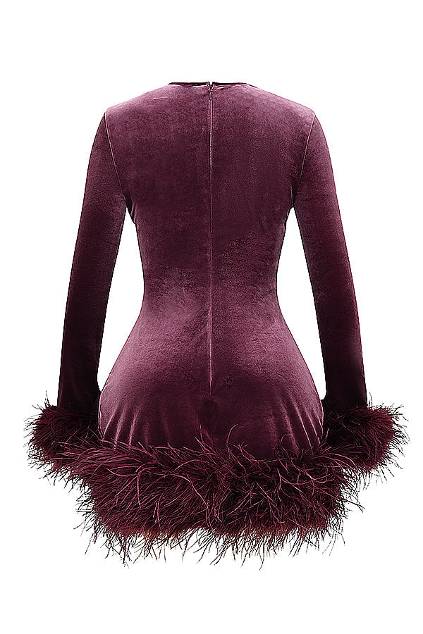 Velvet Crew Neck Long Sleeve Feather Trim Bodycon Mini Dress 12