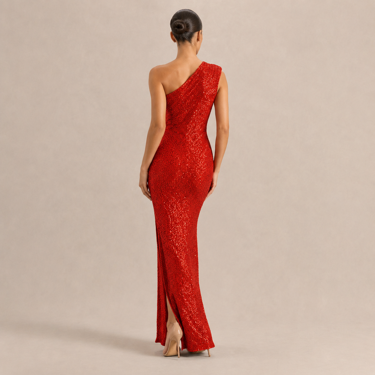 Sequin One Shoulder High Split Column Maxi Gown 9