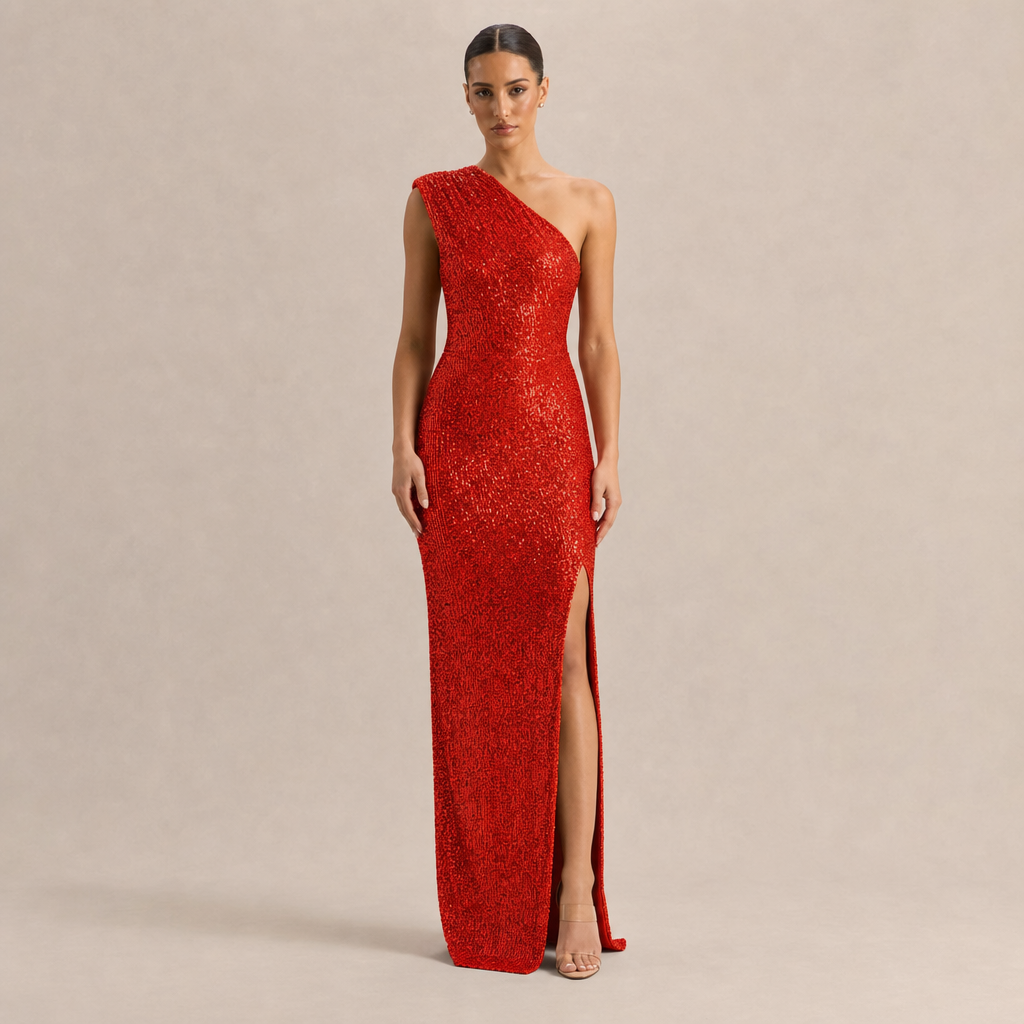 Sequin One Shoulder High Split Column Maxi Gown 7