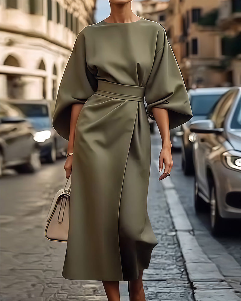 Crew Neck Wide Flared Sleeve Belted Wrap Drape Midi Dress - View 2