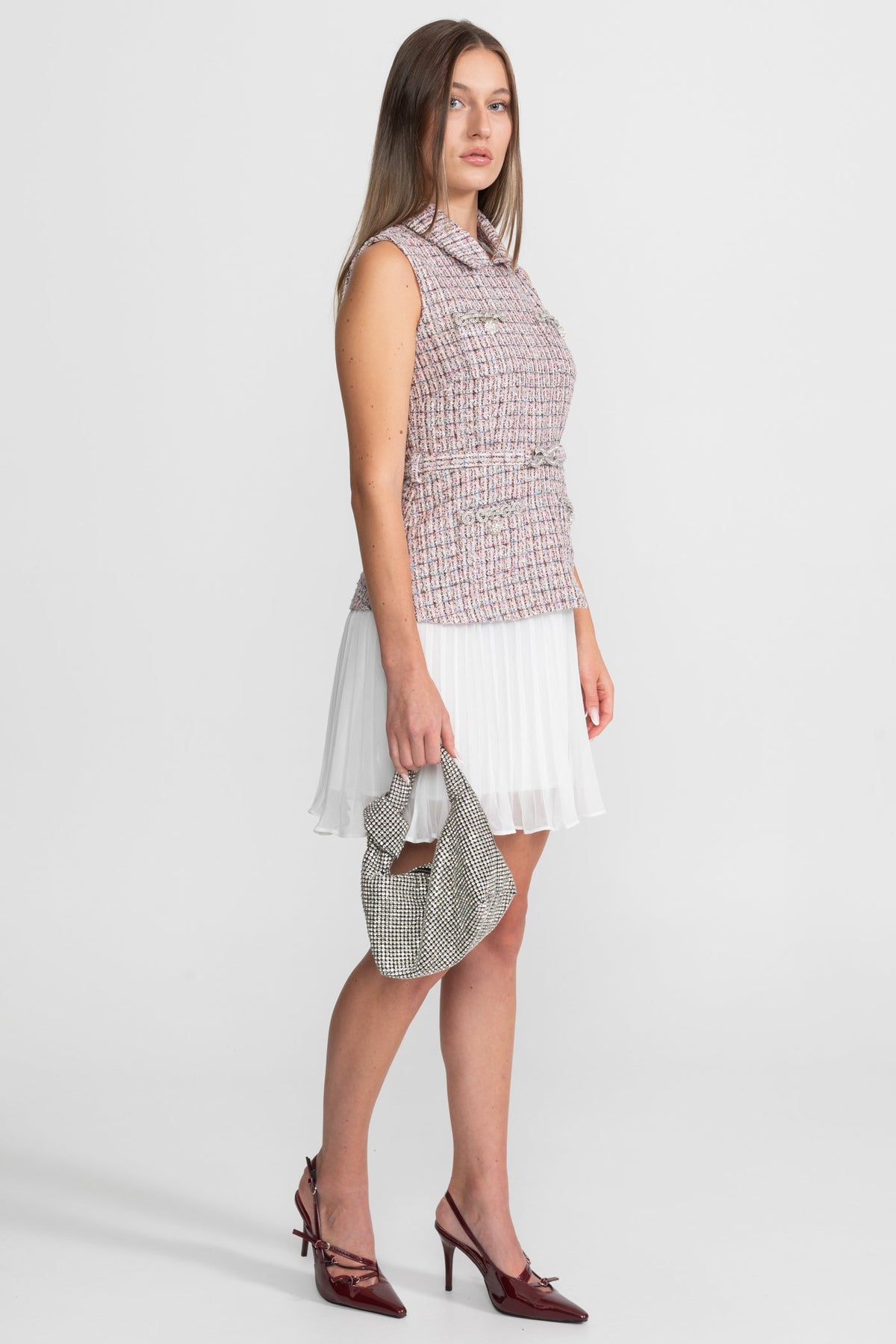 Tweed Mini Dress Collar Rhinestone Bow Belt Pleated Skirt - View 2