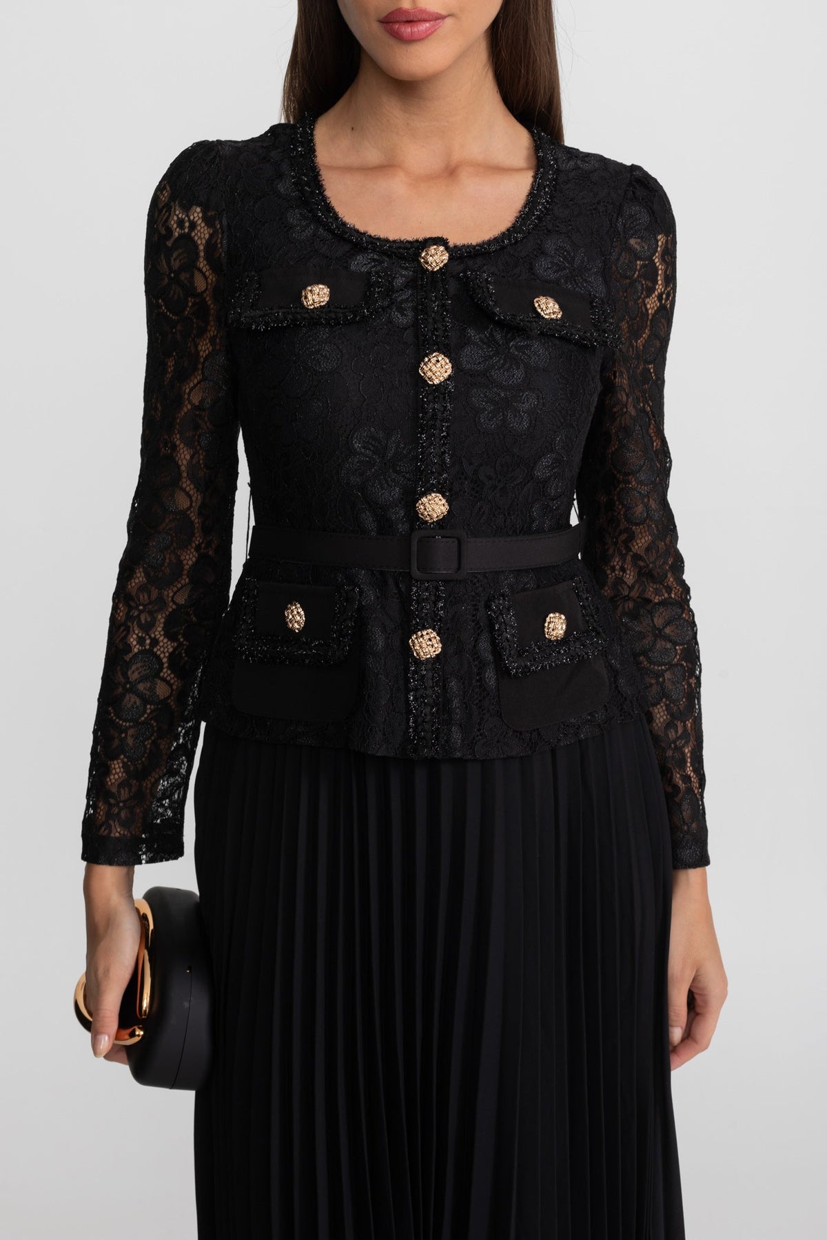 Lace and Pleated Midi Dress with Gold Button Detailing - Black - View 5
