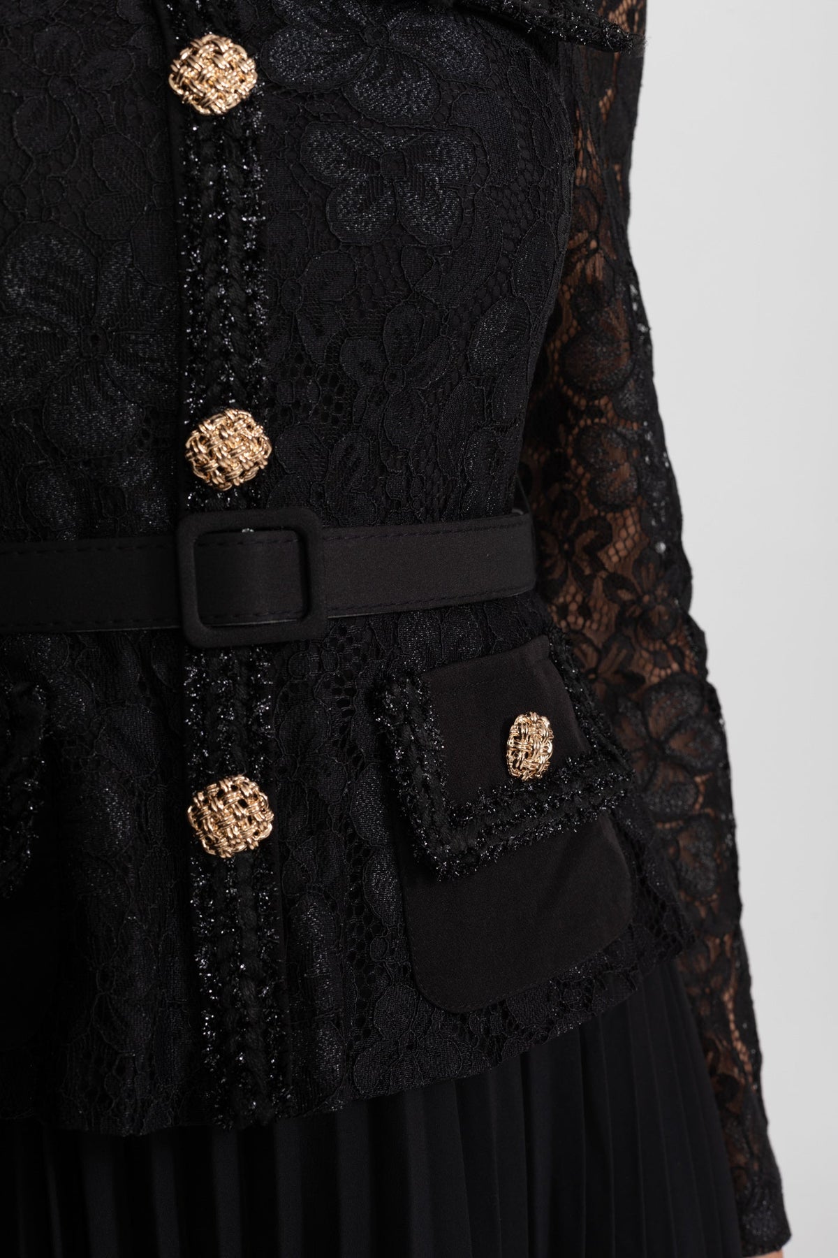 Lace and Pleated Midi Dress with Gold Button Detailing - Black - View 6