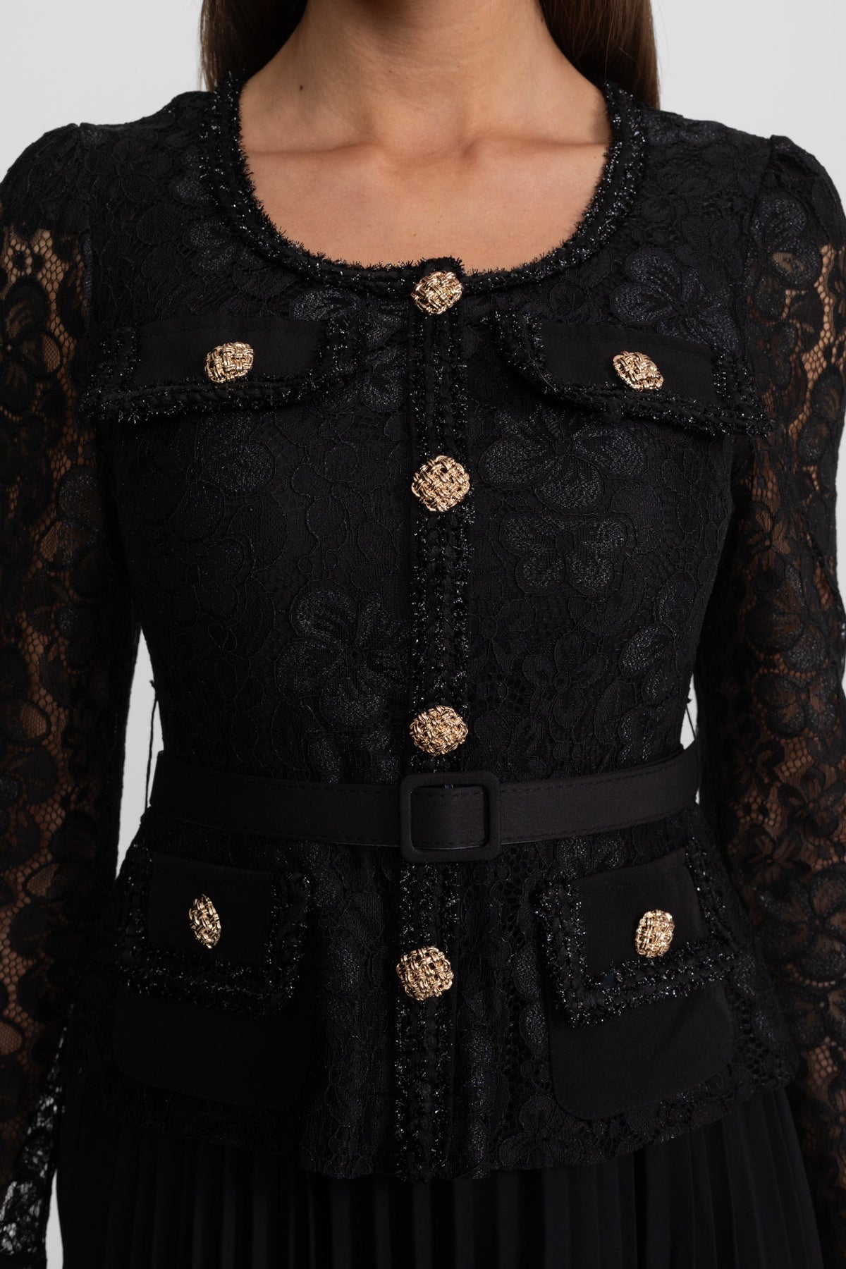 Lace and Pleated Midi Dress with Gold Button Detailing - Black - View 7