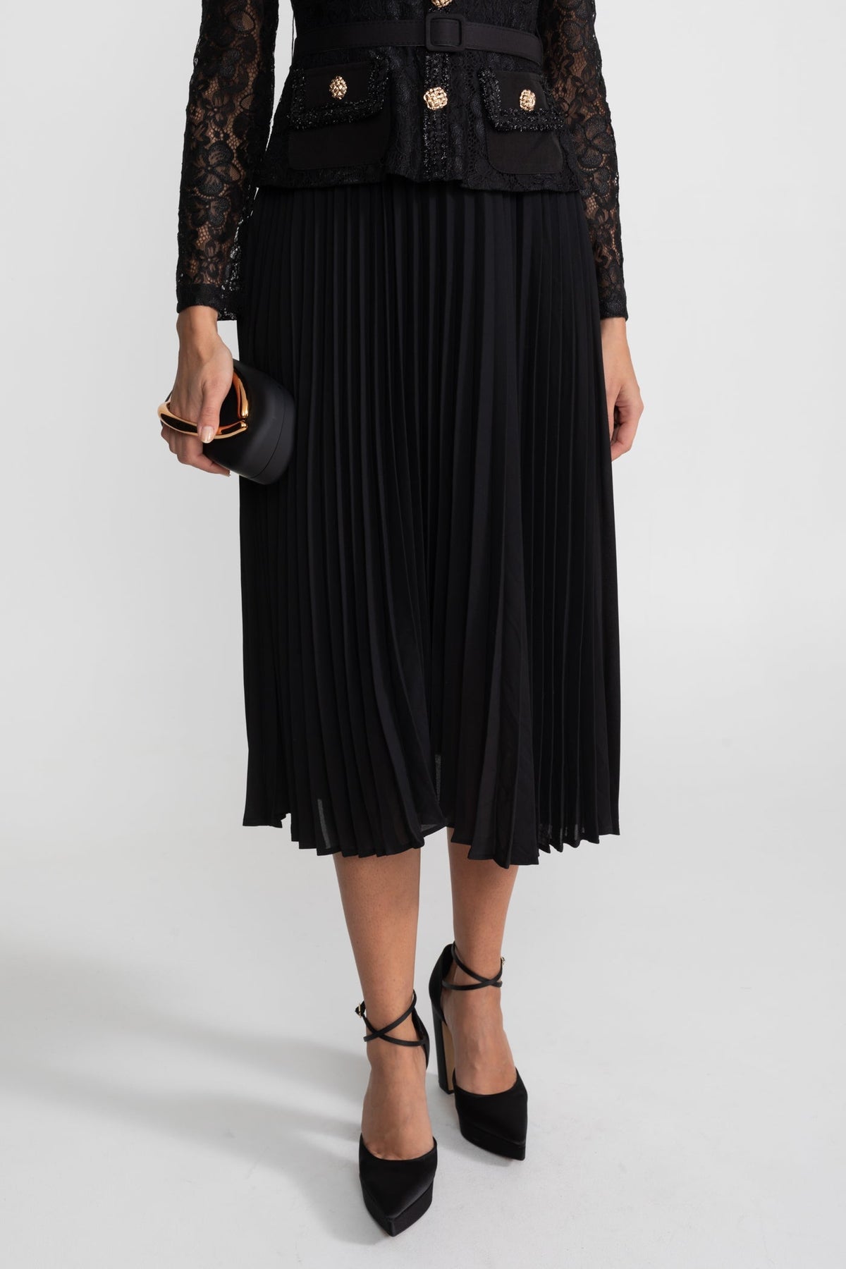 Lace and Pleated Midi Dress with Gold Button Detailing - Black - View 8