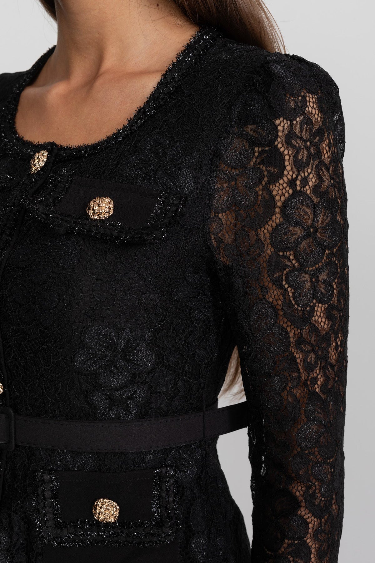 Lace and Pleated Midi Dress with Gold Button Detailing - Black - View 9