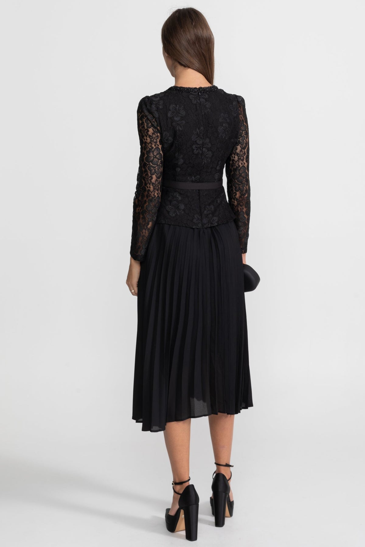 Lace and Pleated Midi Dress with Gold Button Detailing - Black - View 3