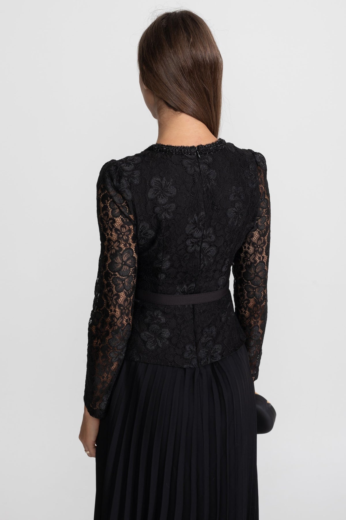 Lace and Pleated Midi Dress with Gold Button Detailing - Black - View 11