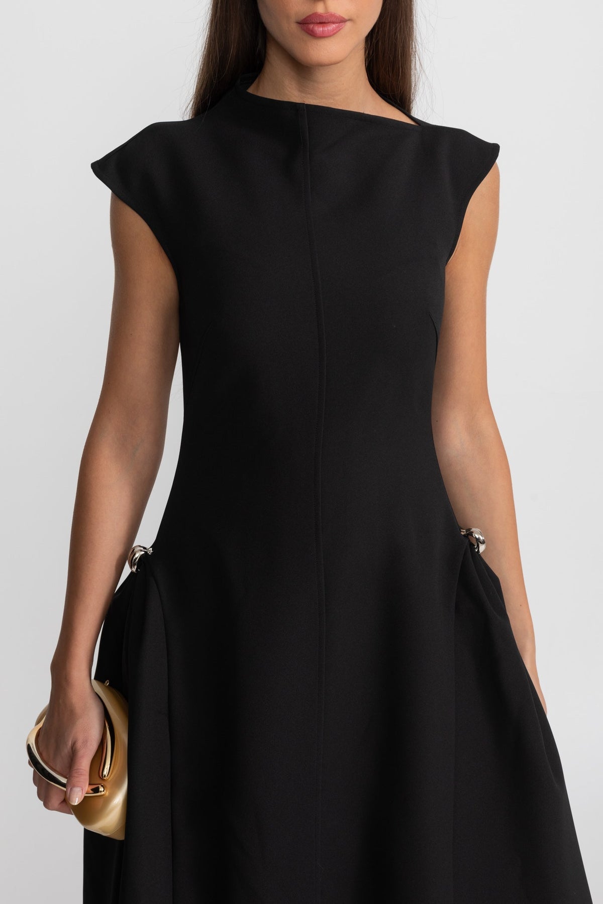 Sleeveless High Neck Metal Ring Hip Fold Sculptural High Low Midi Dress - View 6