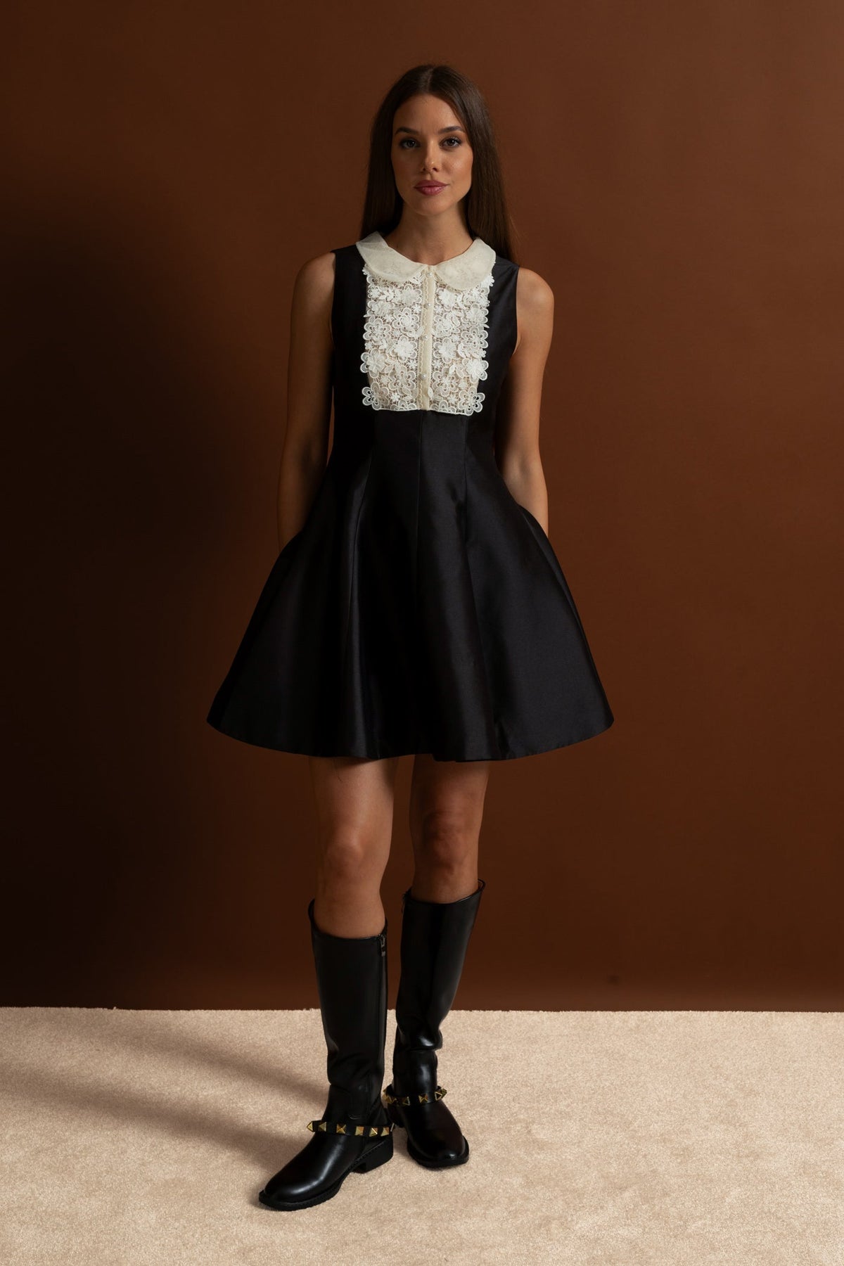 A-Line Mini Dress with Lace Bib – Black - View 4