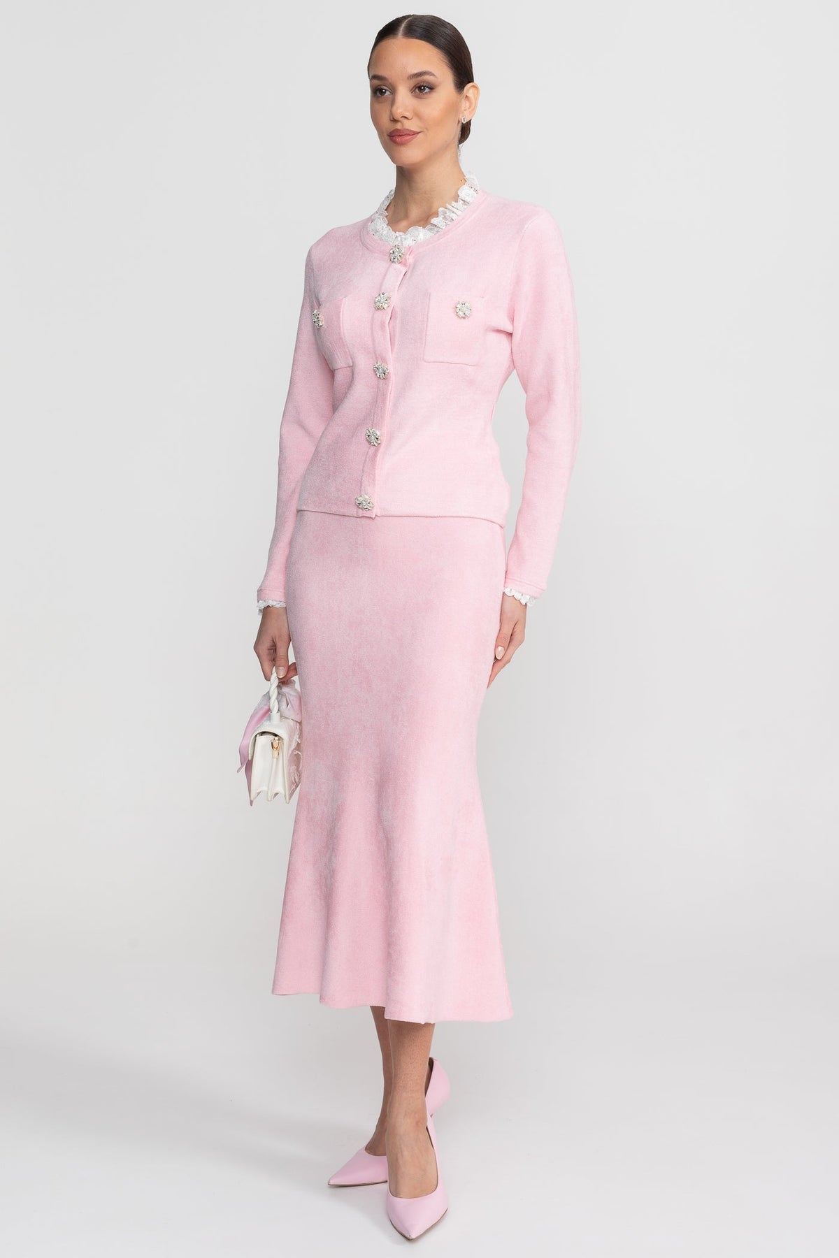 Long Sleeve Co-Ord With Fitted Knit Bodice And Crystal Button Detail - Blush Pink - View 5