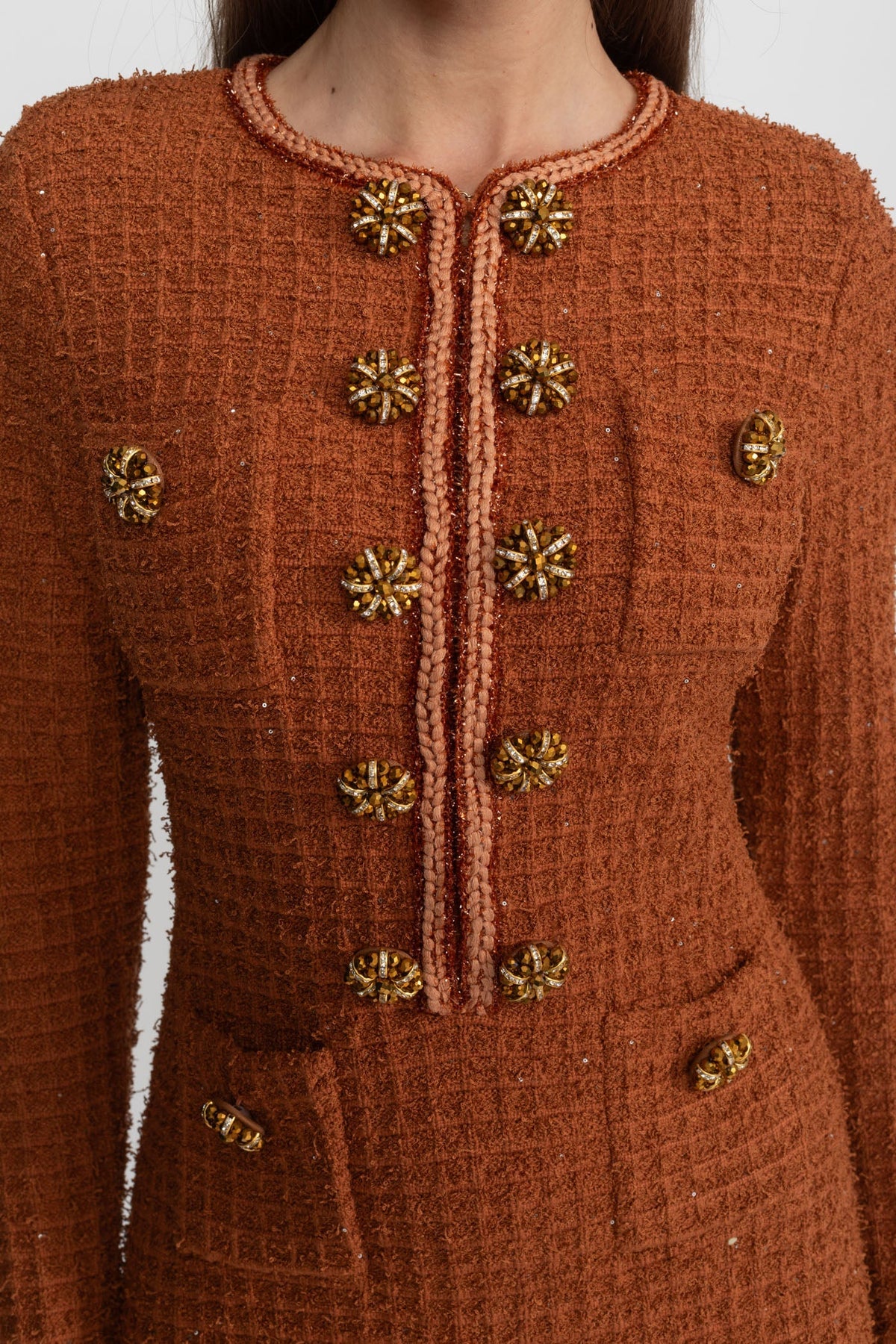Tweed Braided Trim Rhinestone Sunburst Button Sheath Midi Dress - View 4