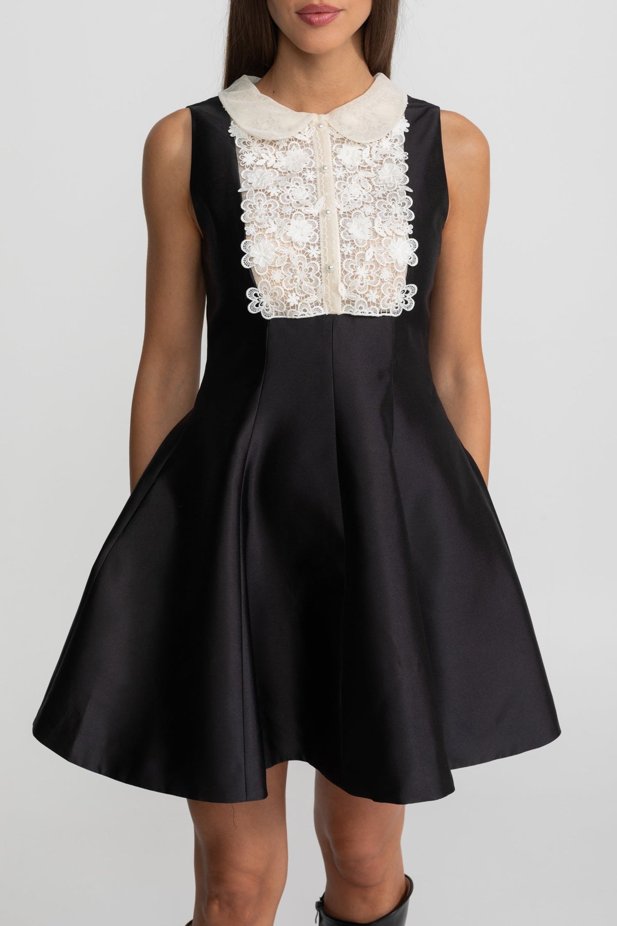 A-Line Mini Dress with Lace Bib – Black - View 5