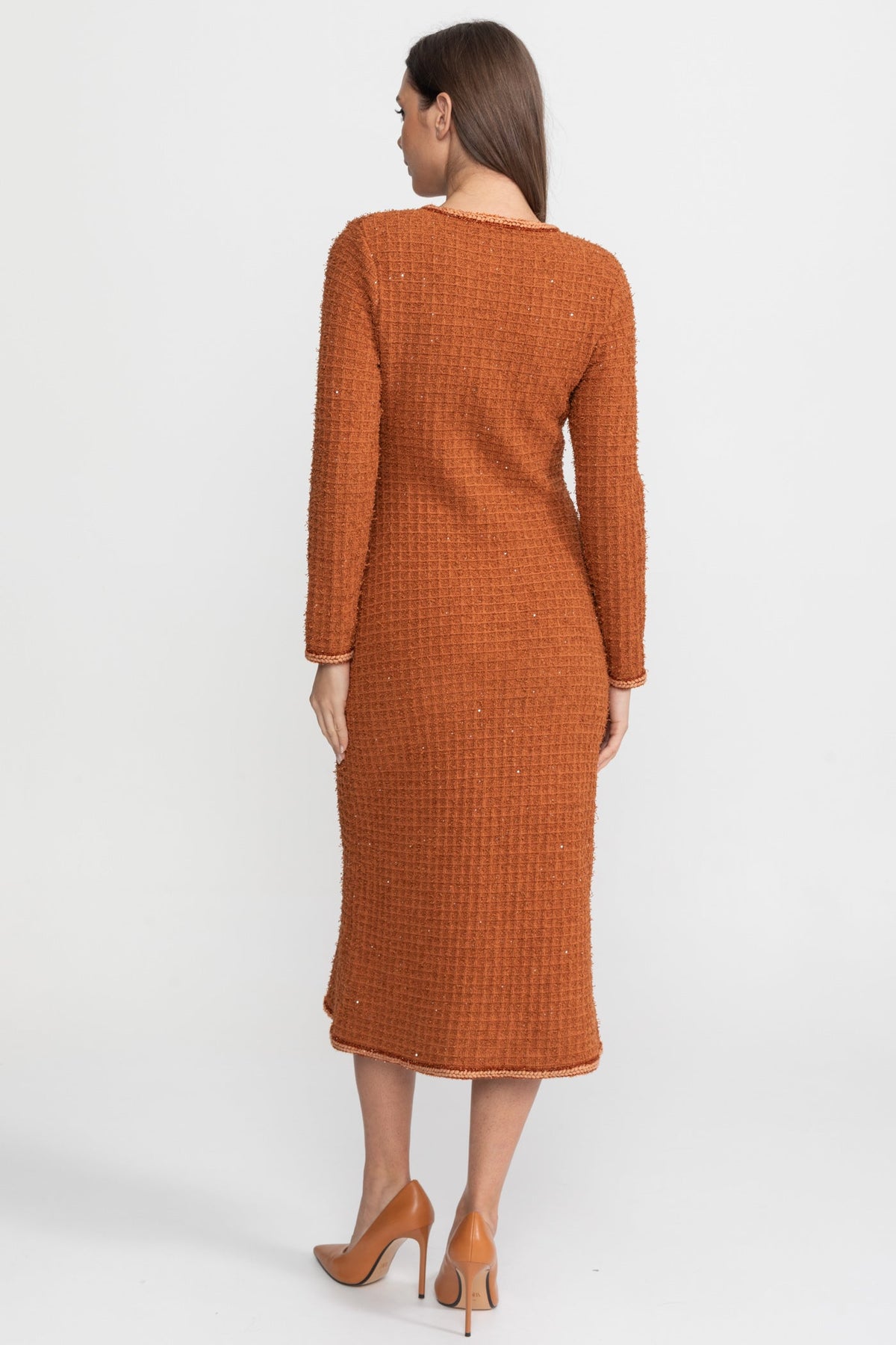 Tweed Braided Trim Rhinestone Sunburst Button Sheath Midi Dress - View 7