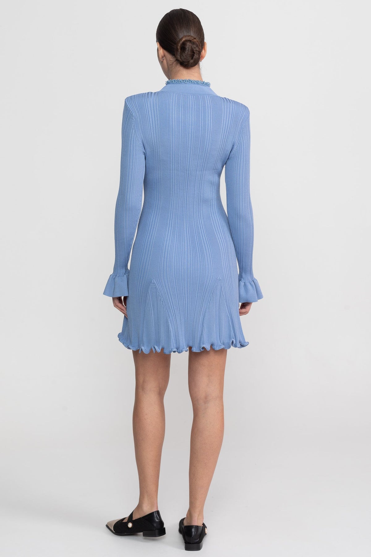Ribbed Knit Mini Dress With Beaded Trim Detailing - Blue - View 7