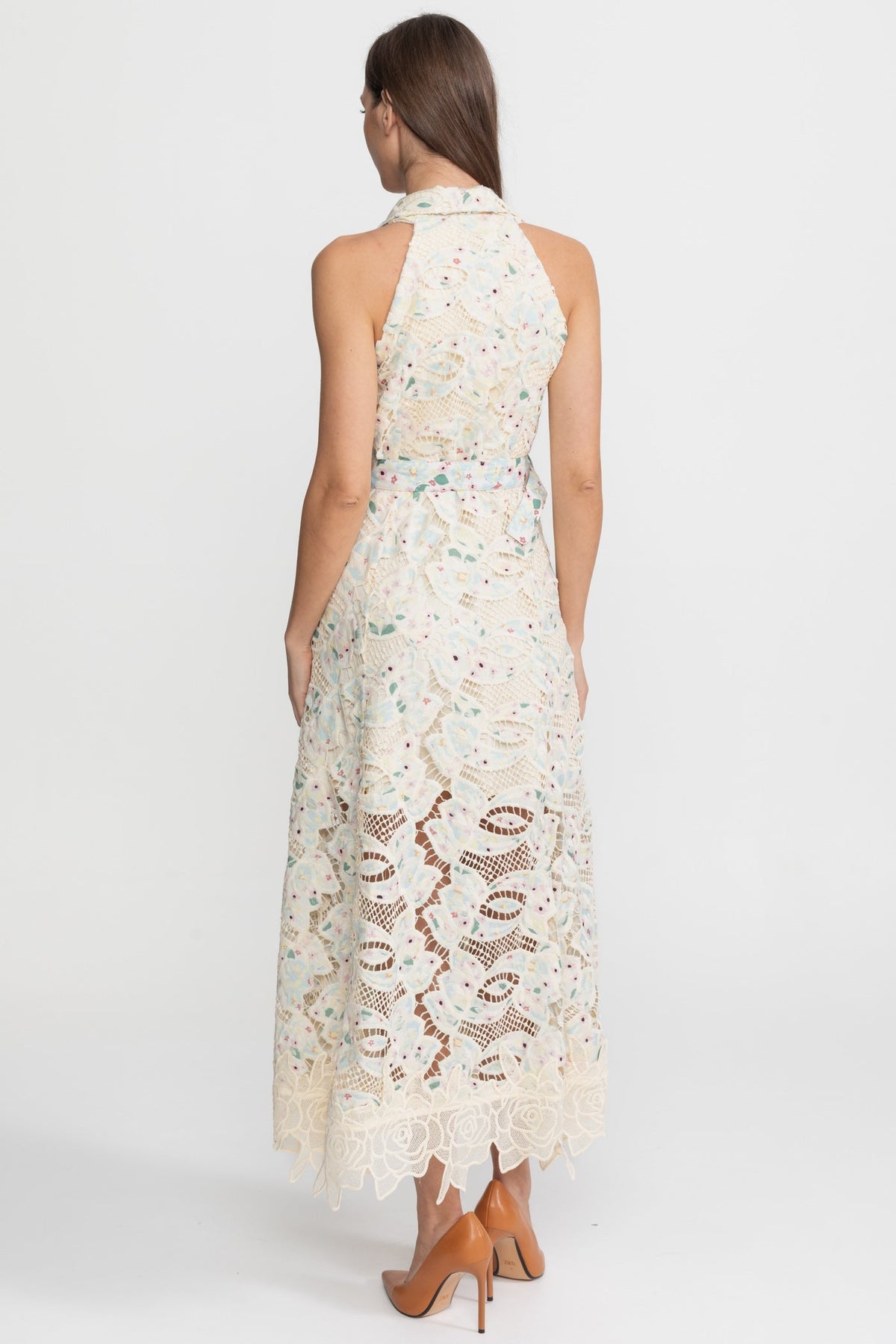 Halter Lace Midi Dress with Belted Waist – Ivoire - View 9
