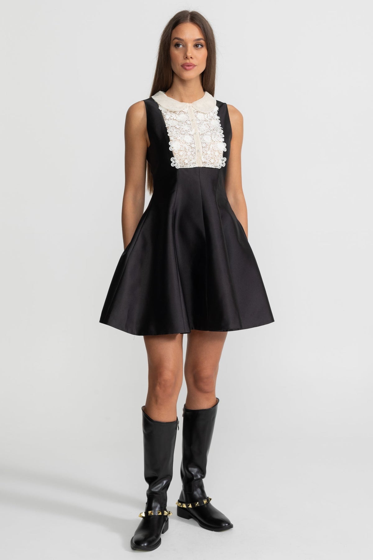 A-Line Mini Dress with Lace Bib – Black - View 2