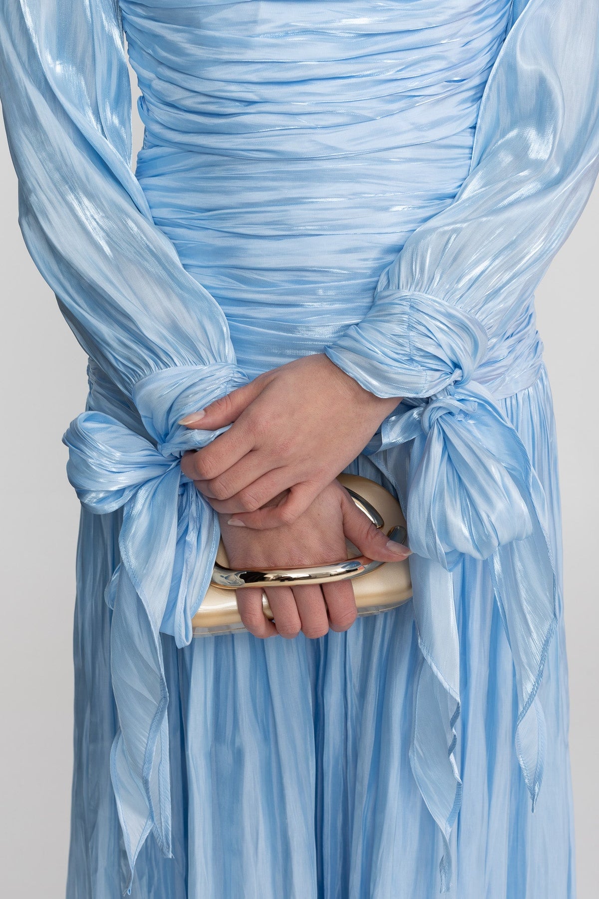 Ruched Long Sleeve Maxi Dress With Pleated Skirt - Sky Blue - View 6