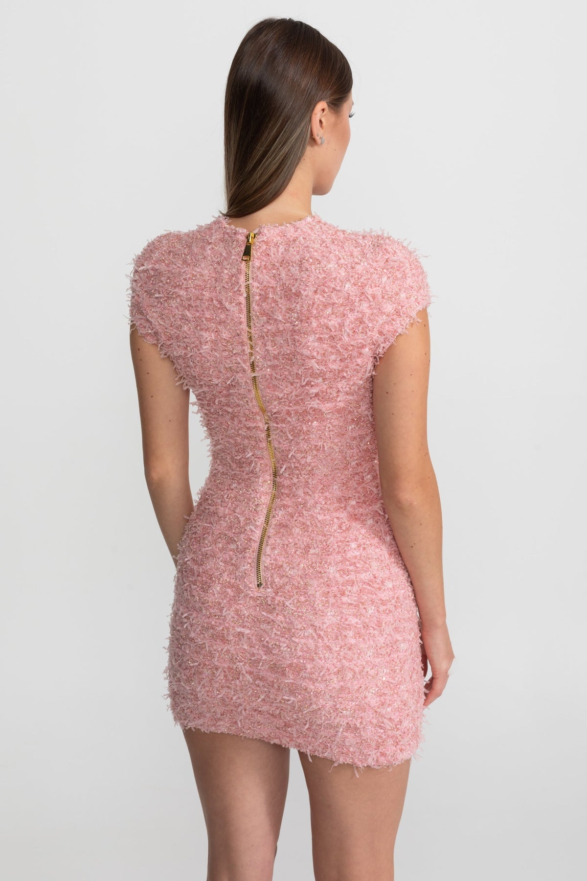 Tweed Crew Neck Cap Sleeve Metallic Button Bodycon Mini Dress - View 7
