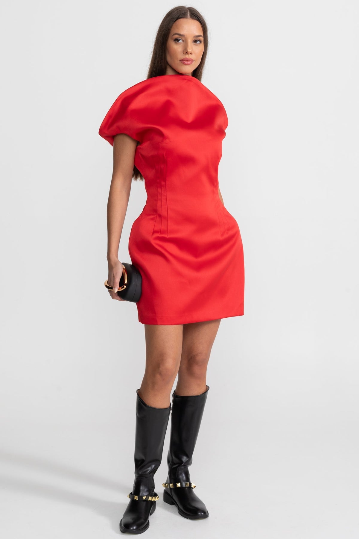 Satin Mini Dress with Sculptural Shoulder Detail - Red - View 2