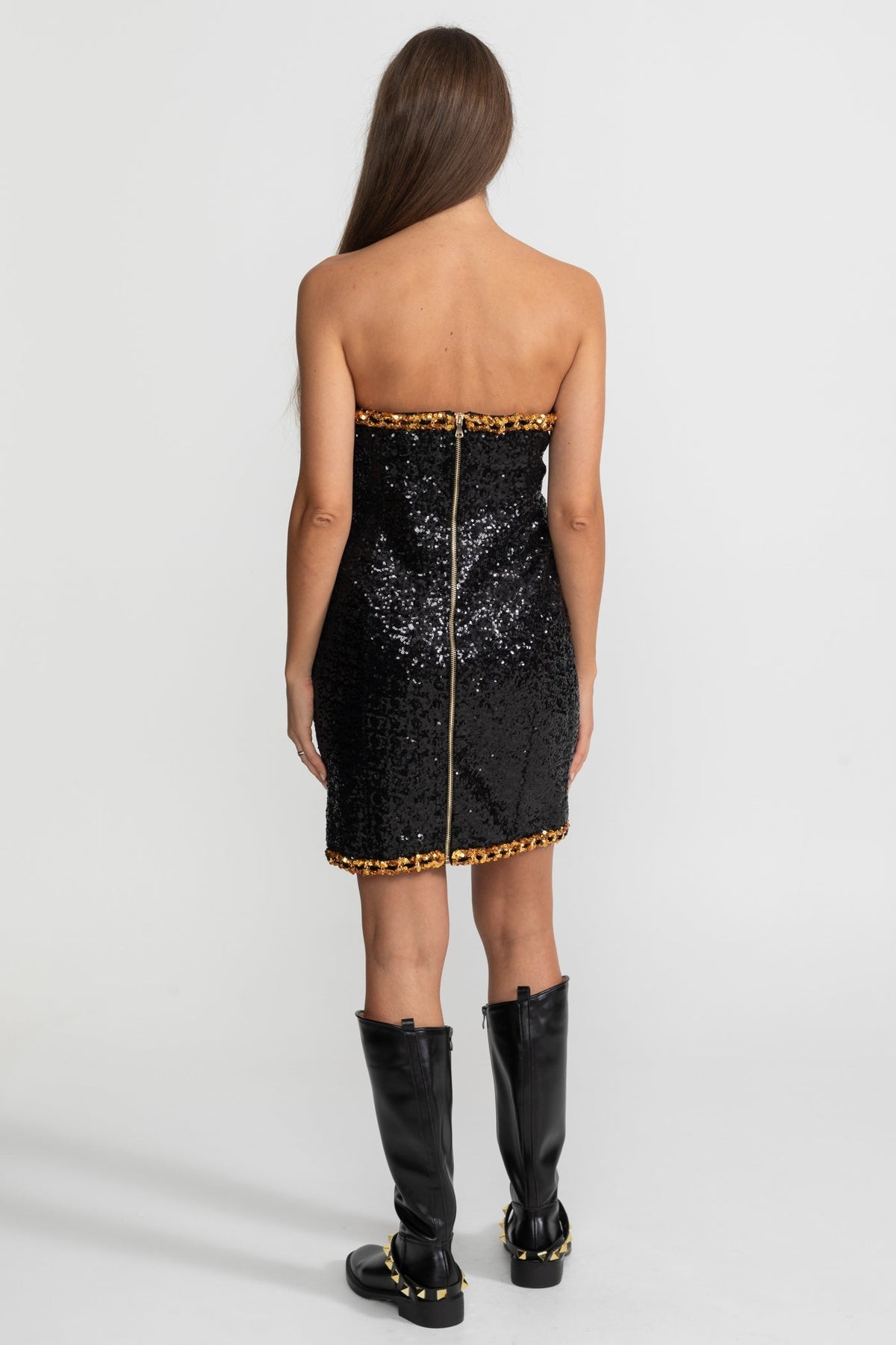 Strapless Sequin Mini Dress With Chain Trim Detailing – Black - View 7