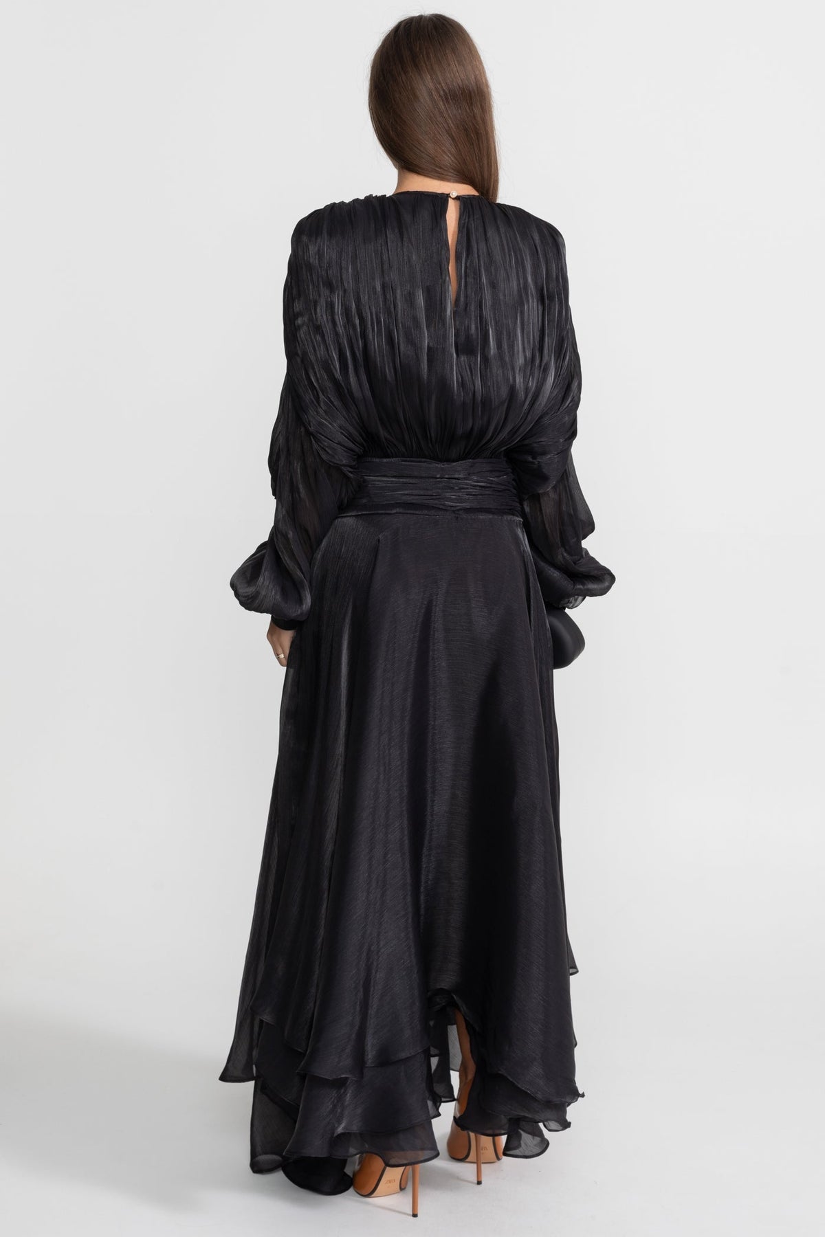 Pleated High Neck Tie Bishop Sleeve Sash Waist Tiered Ruffle Maxi Gown - View 5