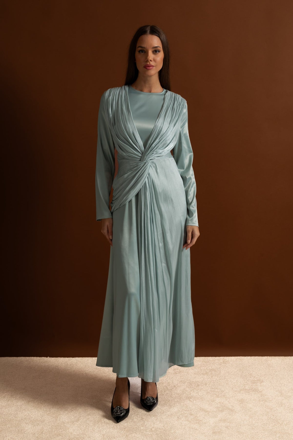 Satin Midi Dress with Draped Overlay and Knot Detail - Teal - View 7