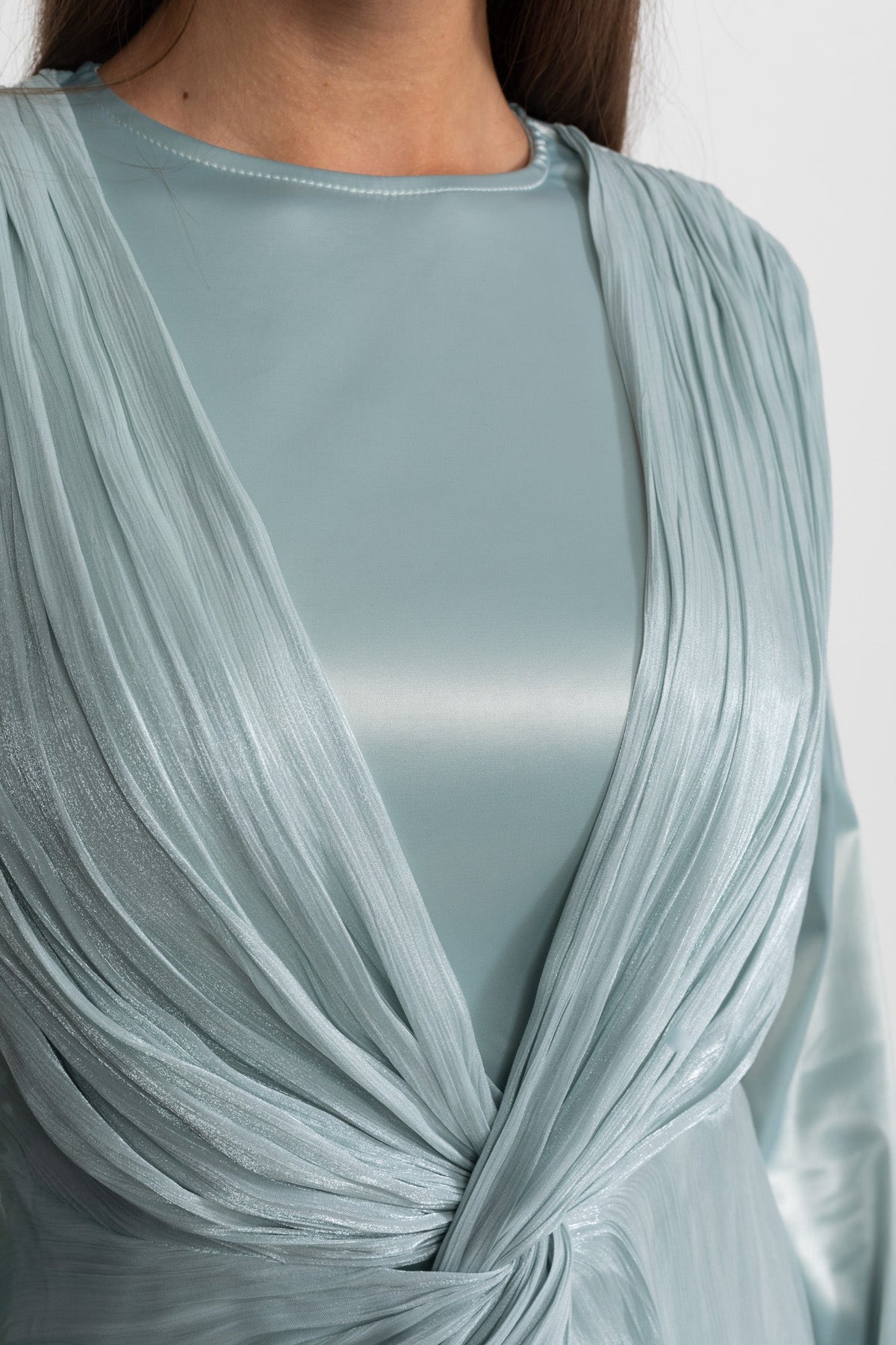 Satin Midi Dress with Draped Overlay and Knot Detail - Teal - View 5