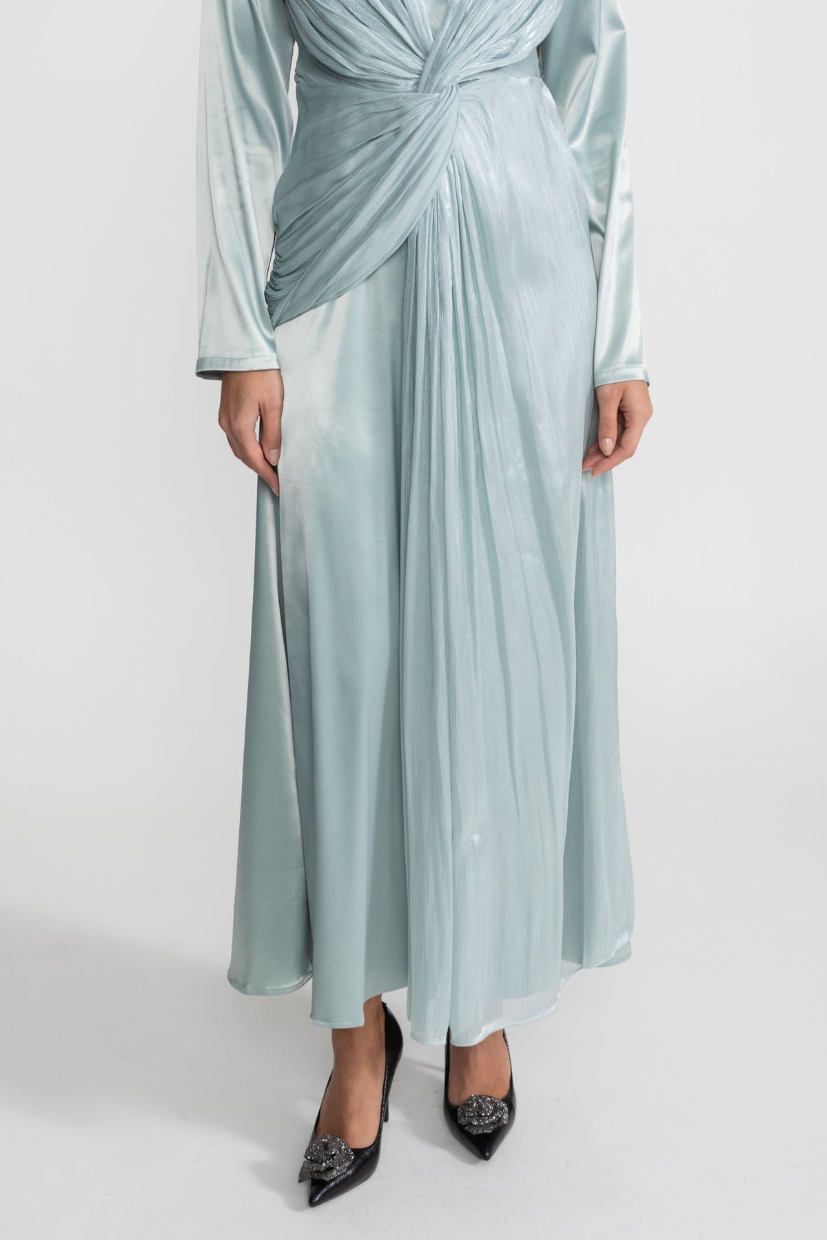 Satin Midi Dress with Draped Overlay and Knot Detail - Teal - View 6