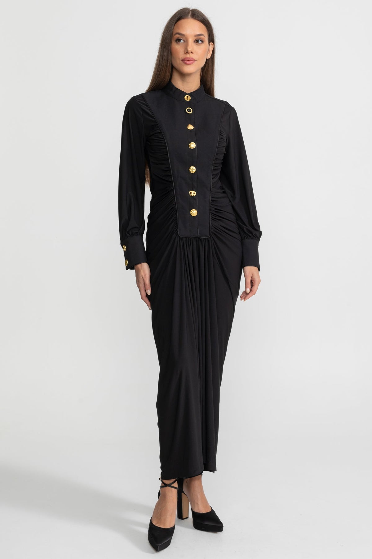 Ruched Maxi Gown Long Sleeve Mandarin Collar Metallic Button - View 3