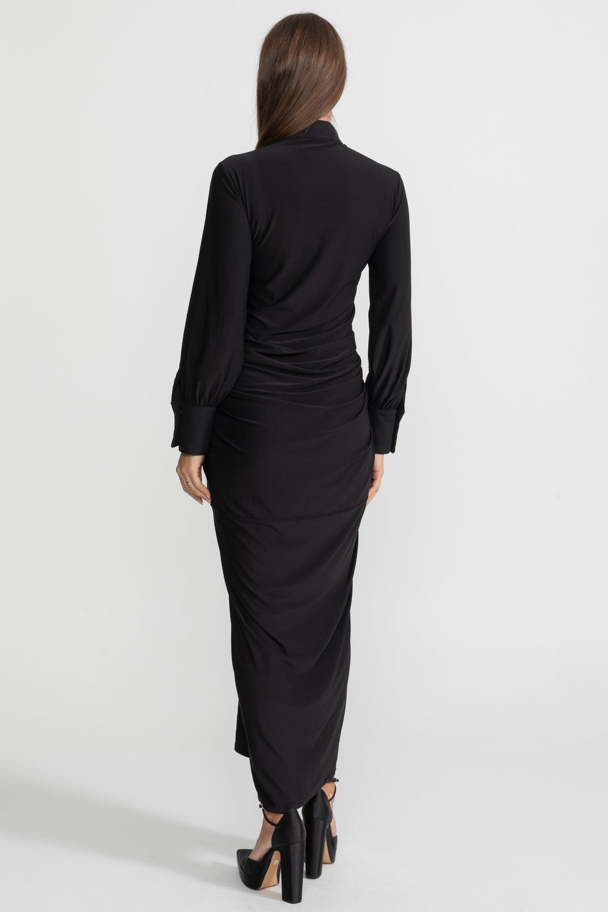 Ruched Maxi Gown Long Sleeve Mandarin Collar Metallic Button - View 8